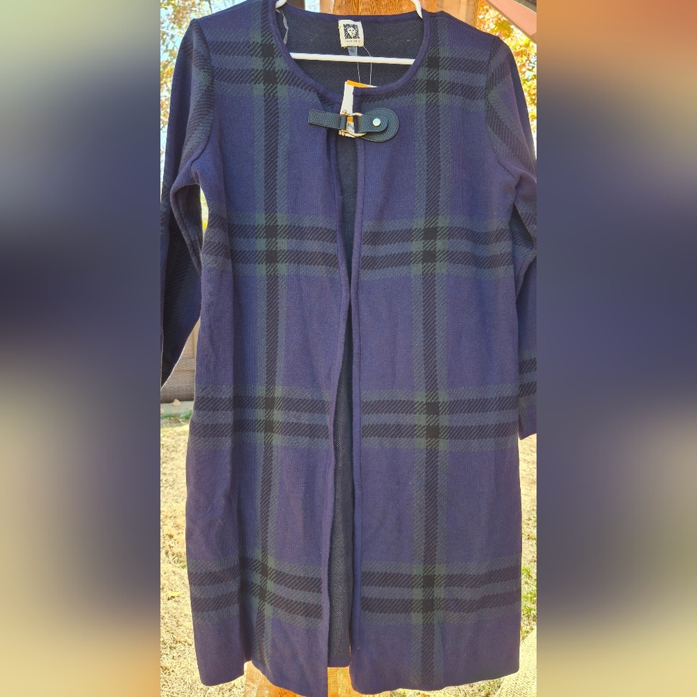 Anne Klein Long Plaid Cardigan Sweater Sz.S NWT